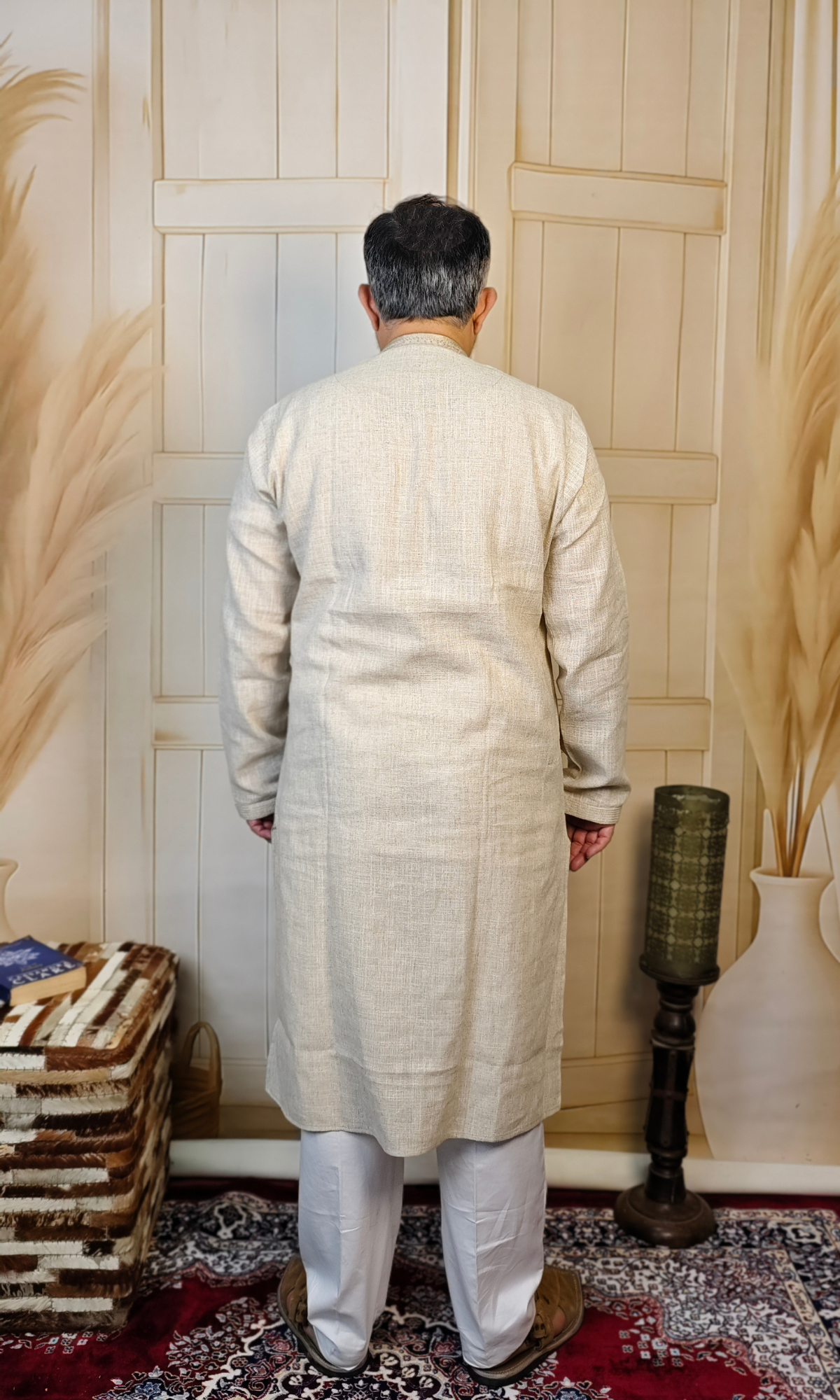 Elegant Beige Jute Linen Kurta with Detailed Embroidered Neck and Cuffs