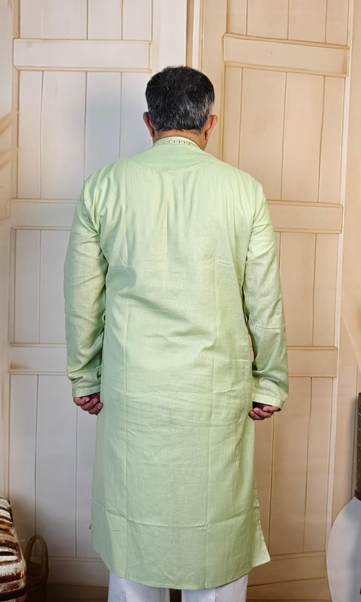 Green Pure Linen Kurta with Embroidered Neck & Cuffs