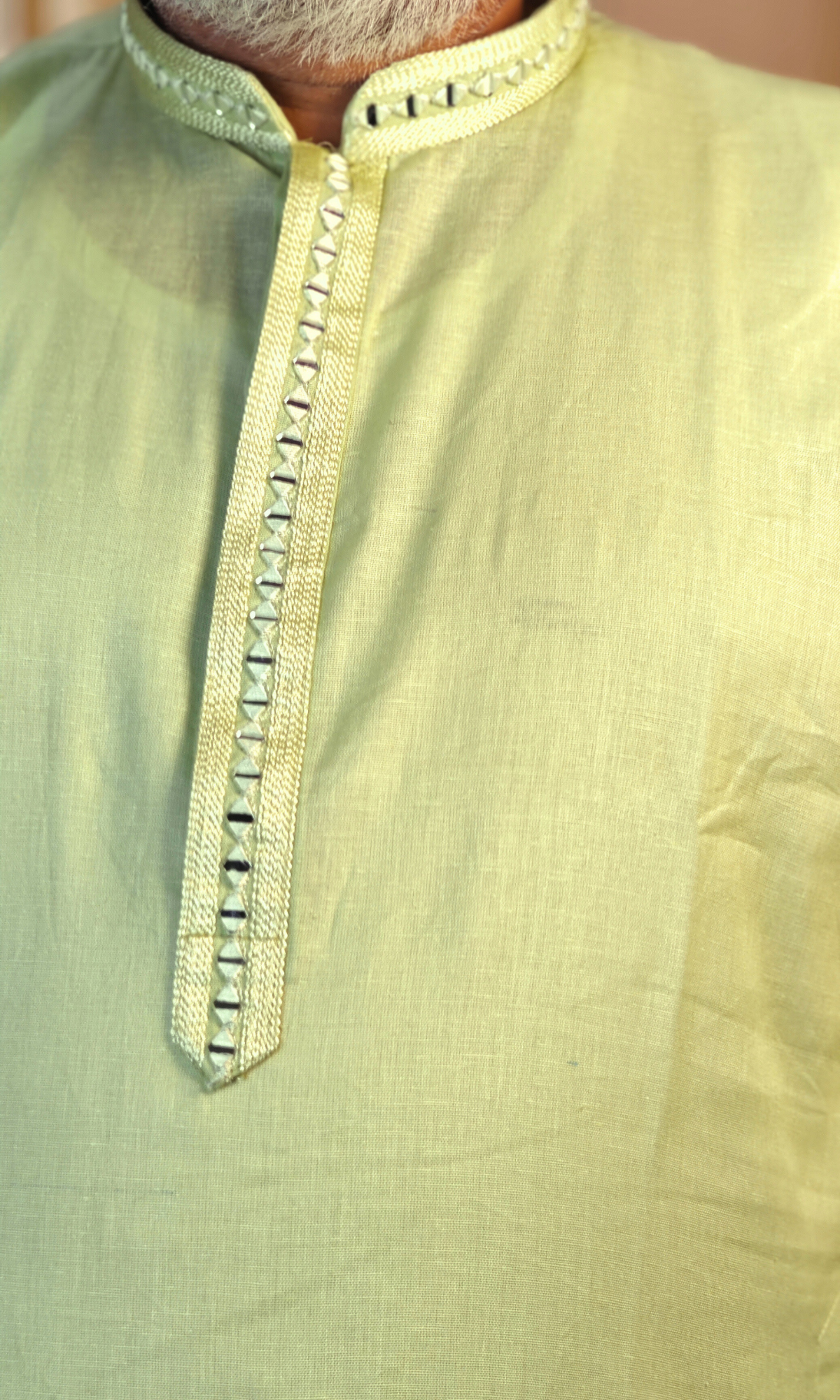 Green Pure Linen Kurta with Embroidered Neck & Cuffs