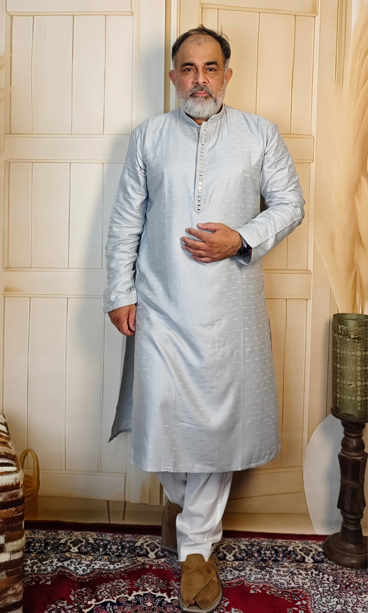 Light Blue Viscose Linen Kurta with Embroidered Neck & Cuffs