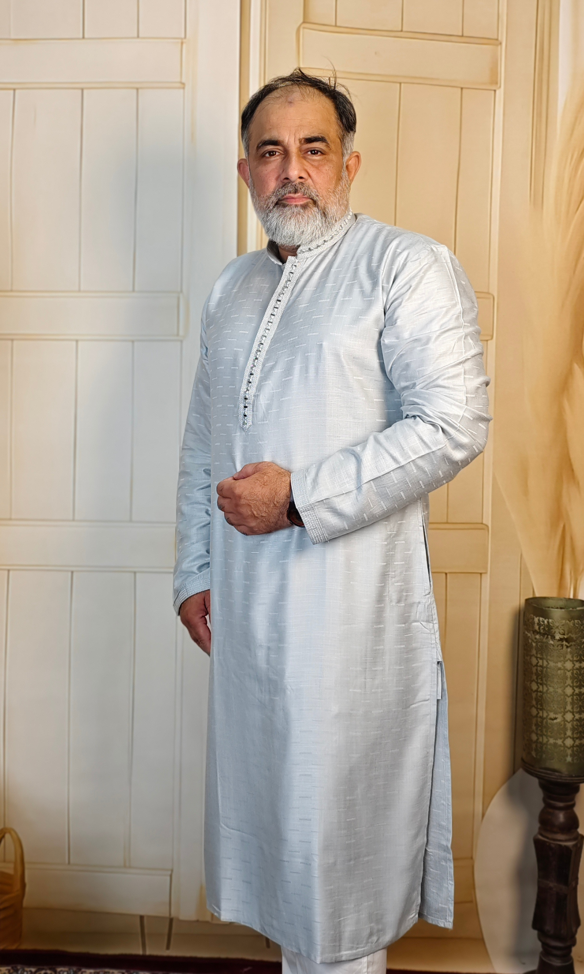 Light Blue Viscose Linen Kurta with Embroidered Neck & Cuffs