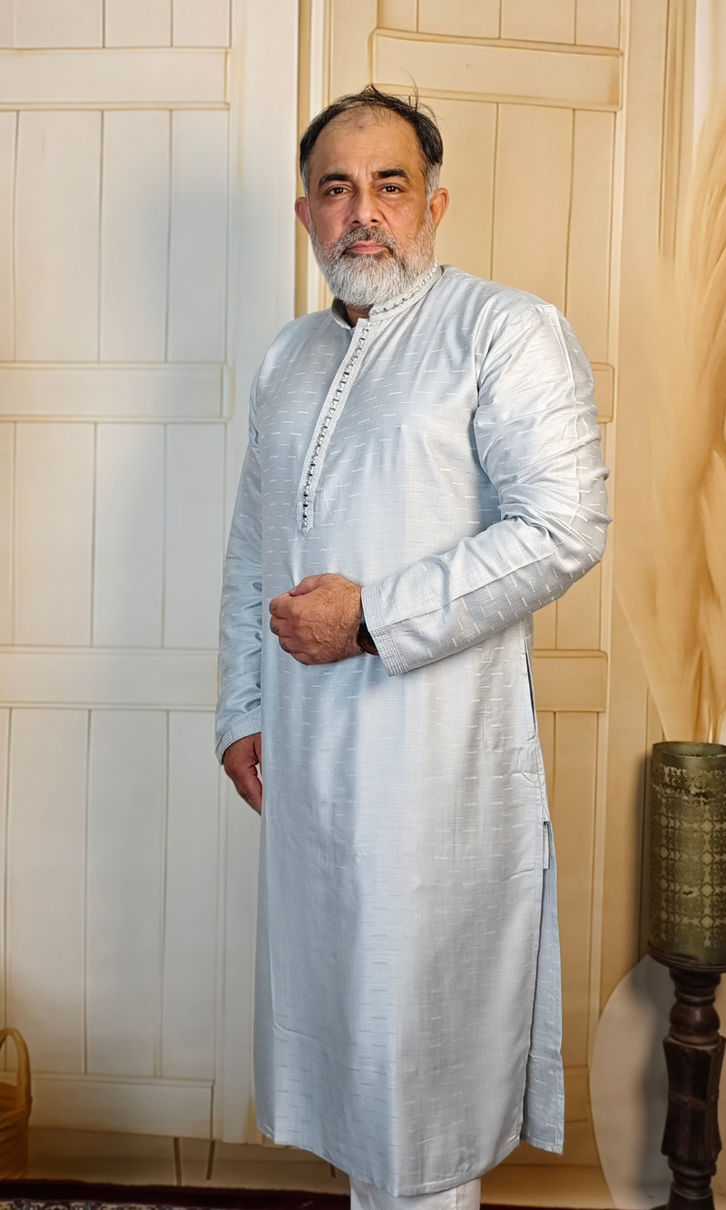 Light Blue Viscose Linen Kurta with Embroidered Neck & Cuffs
