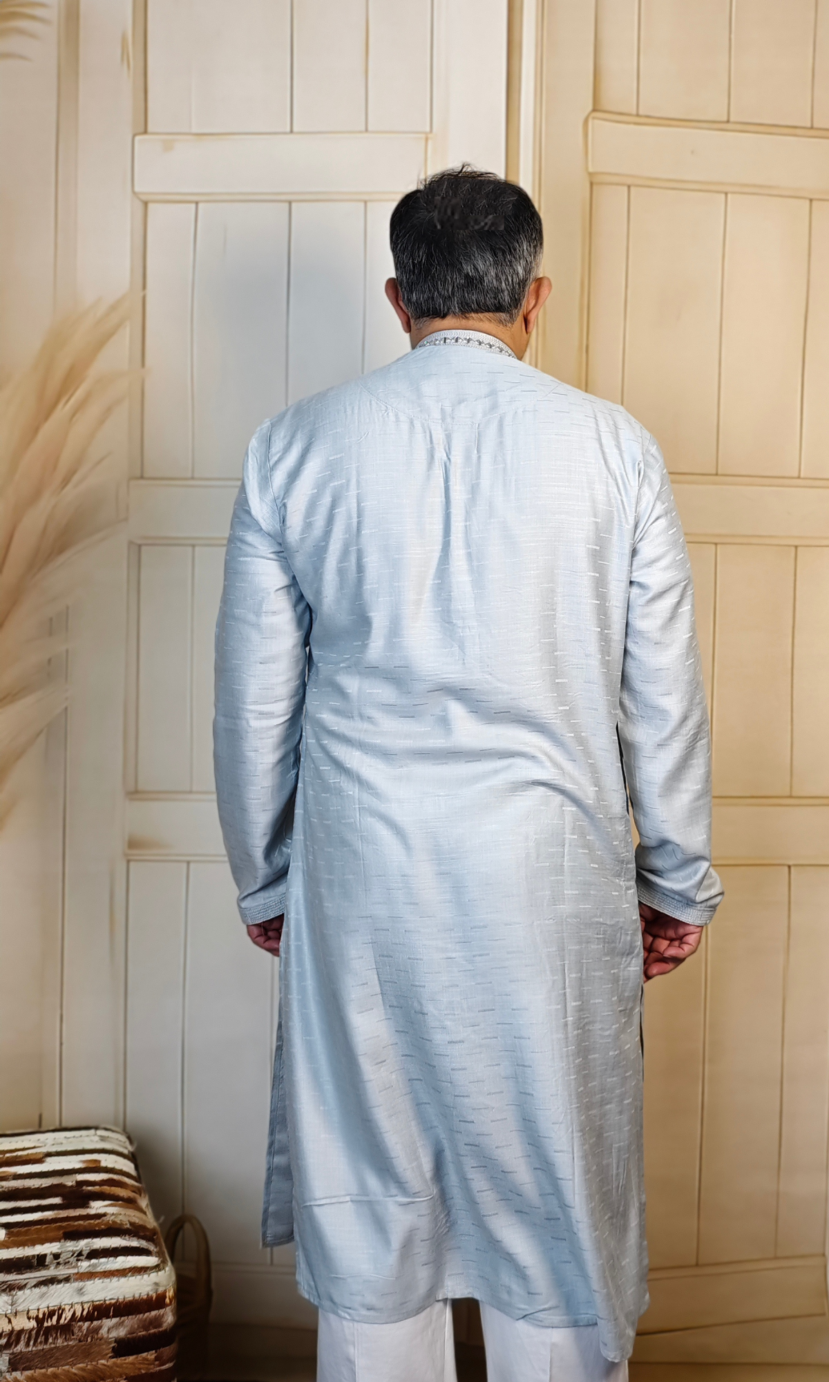 Light Blue Viscose Linen Kurta with Embroidered Neck & Cuffs