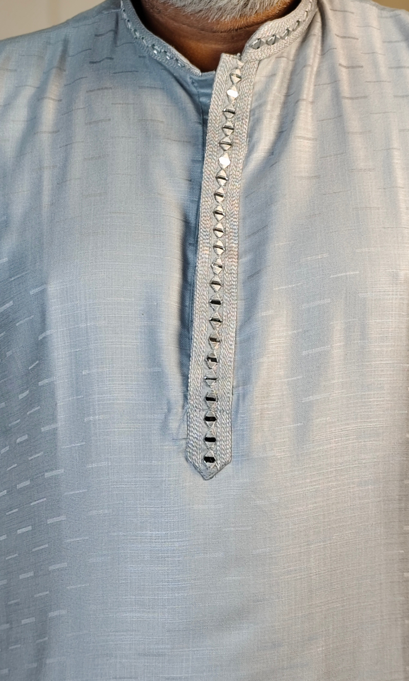 Light Blue Viscose Linen Kurta with Embroidered Neck & Cuffs