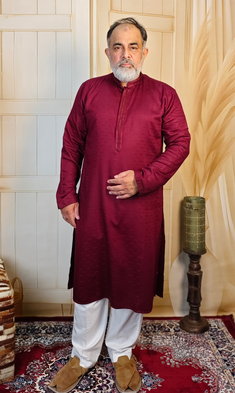 Maroon Viscose Linen Kurta with Embroidered Neck & Cuffs