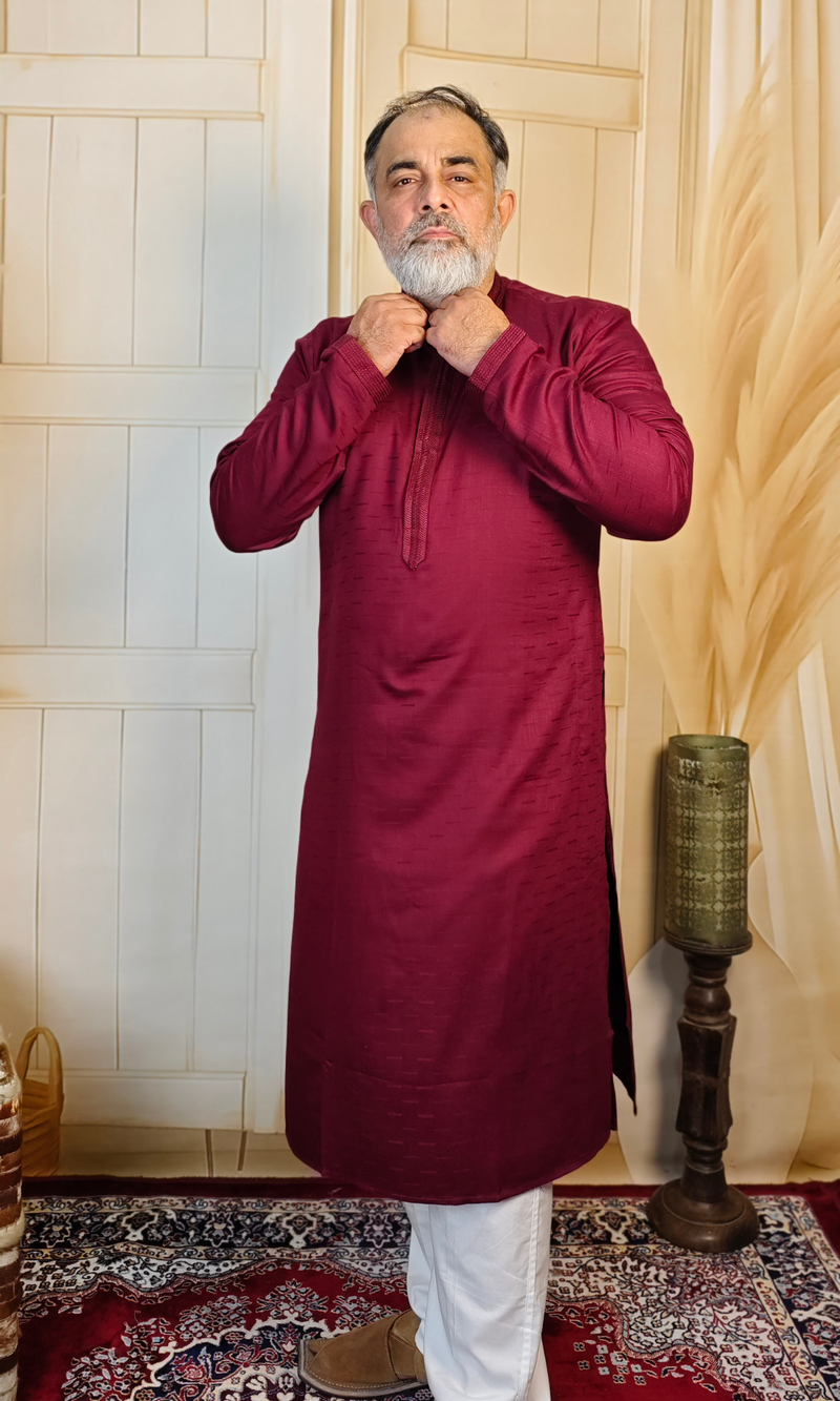 Maroon Viscose Linen Kurta with Embroidered Neck & Cuffs