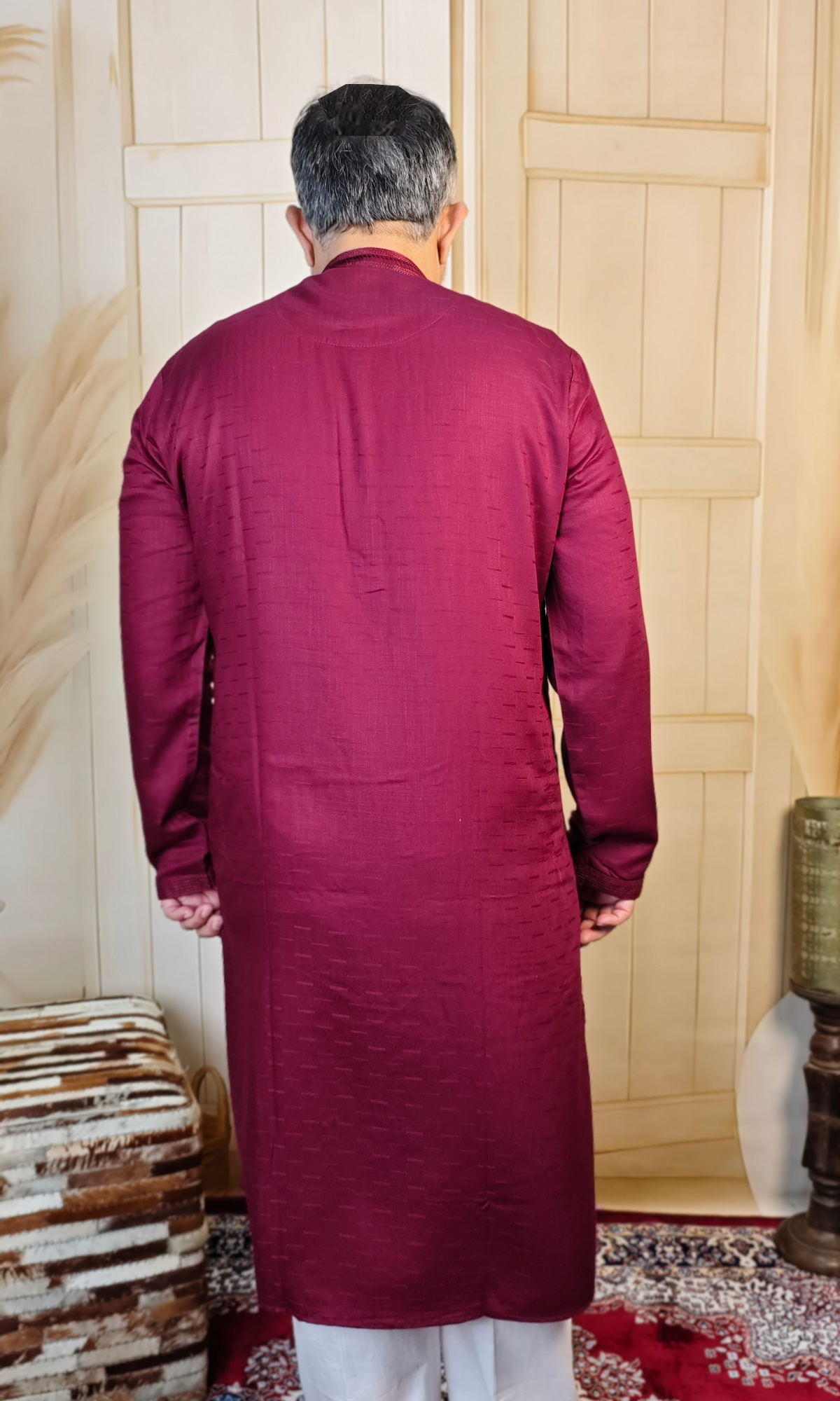 Maroon Viscose Linen Kurta with Embroidered Neck & Cuffs