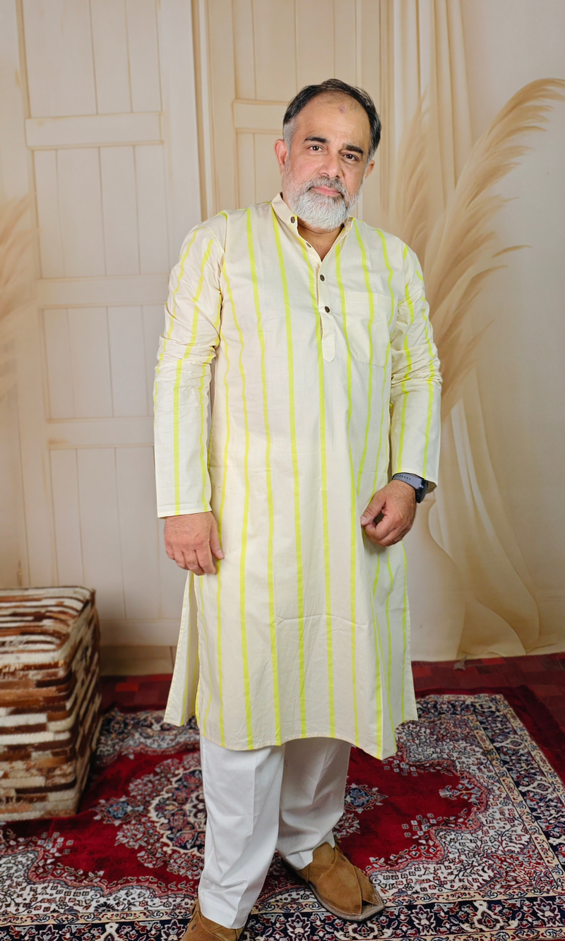 Yellow Lined Plain Beige Cotton Kurta