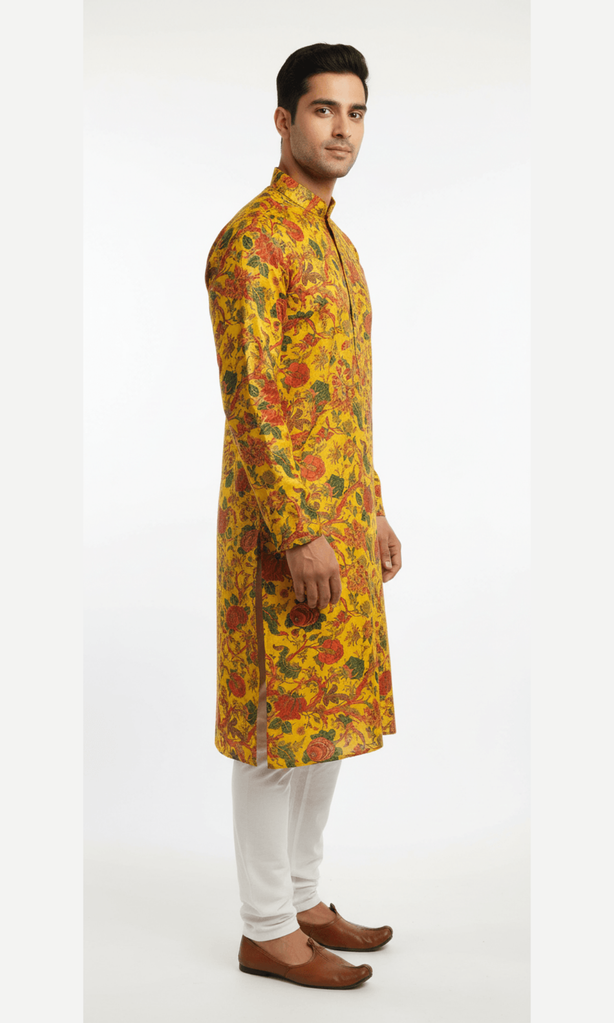 Mustard Yellow Floral Printed Kurta for Men