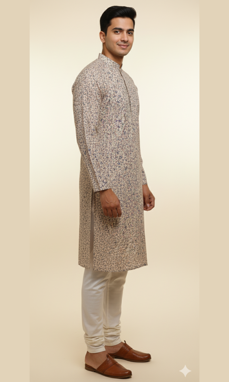 Men's Pastel Floral Corduroy Kurta - Subtle Blue & Pink Bloom