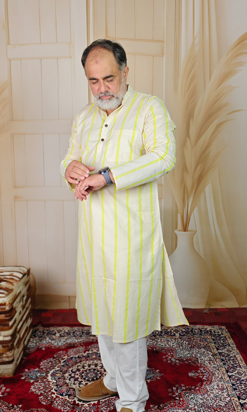 Yellow Lined Plain Beige Cotton Kurta