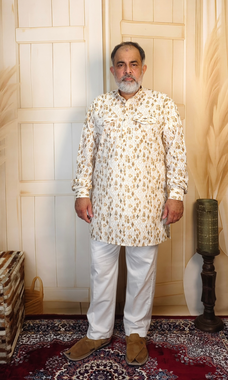 White Floral Printed Cotton Linen Embroidered Short Kurta