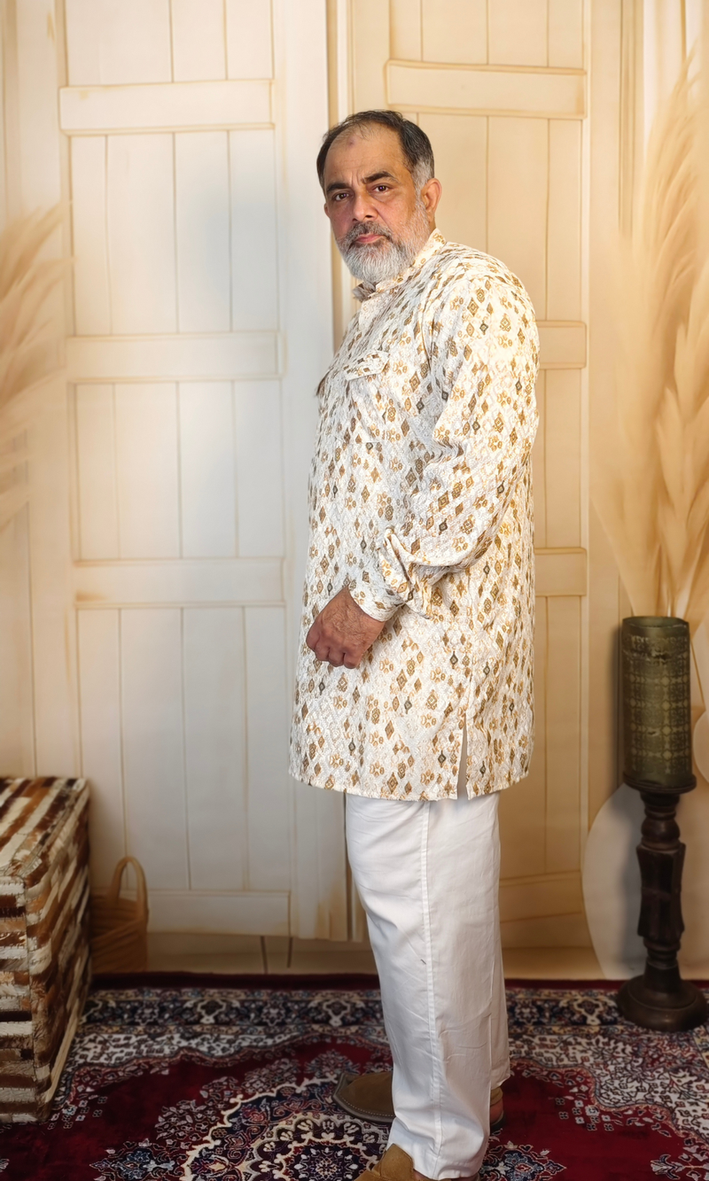 White Floral Printed Cotton Linen Embroidered Short Kurta
