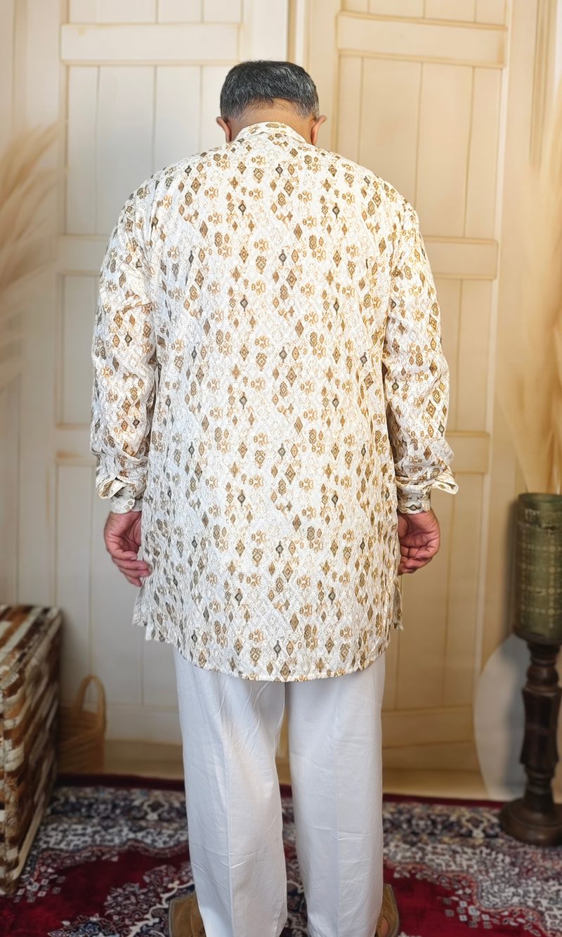 White Floral Printed Cotton Linen Embroidered Short Kurta