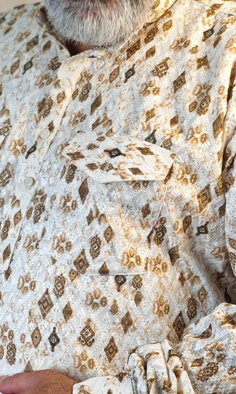 White Floral Printed Cotton Linen Embroidered Short Kurta