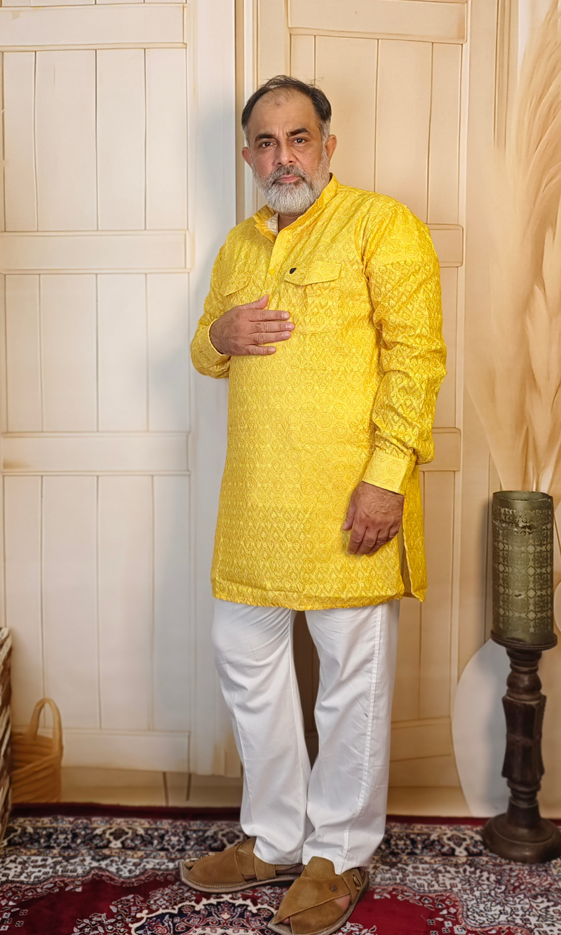 Bright Yellow Cotton Linen Embroidered Short Kurta