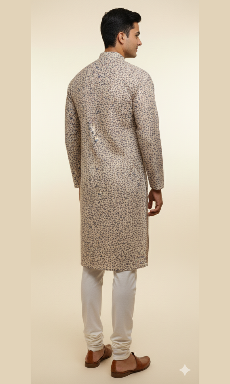 Men's Pastel Floral Corduroy Kurta - Subtle Blue & Pink Bloom