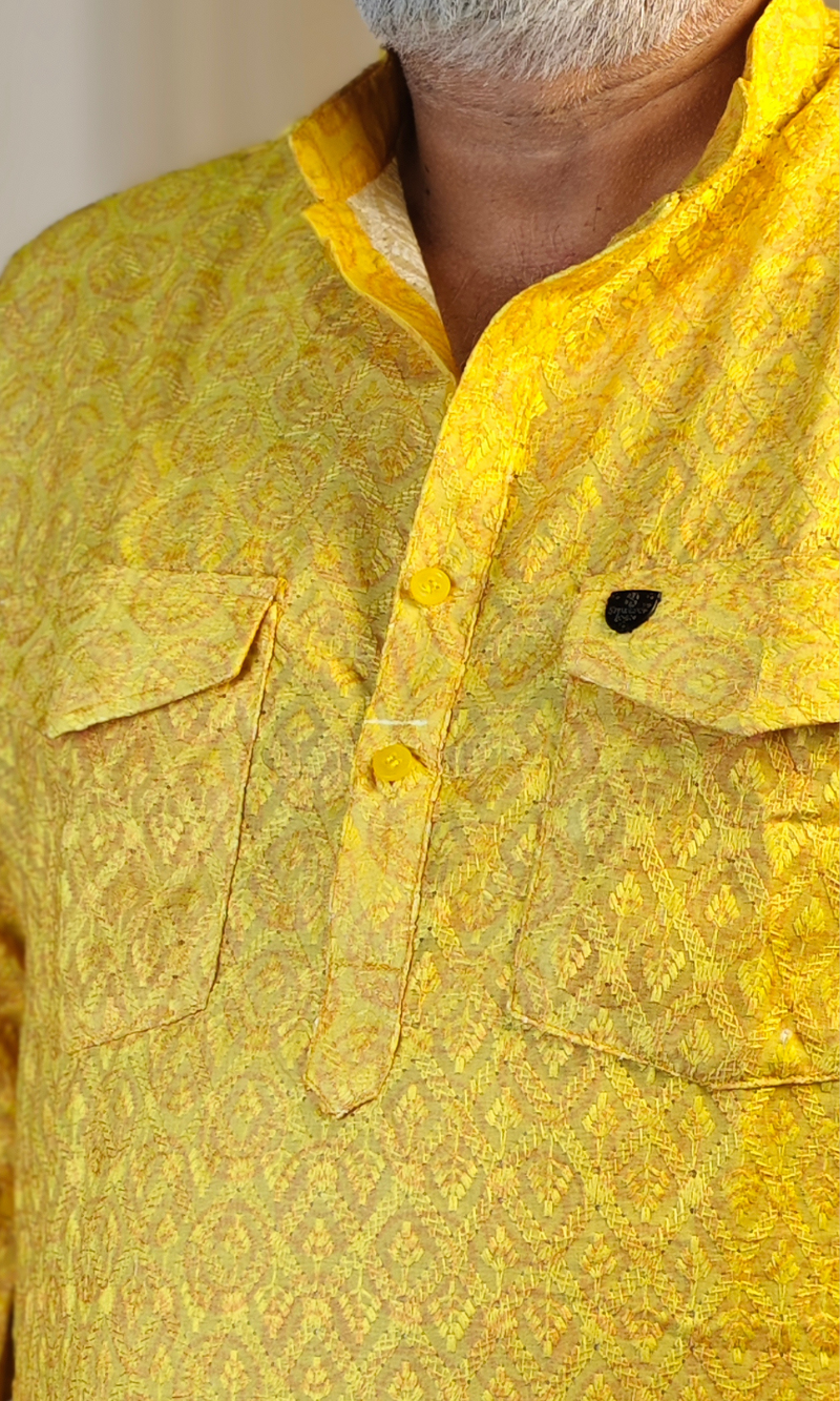 Bright Yellow Cotton Linen Embroidered Short Kurta
