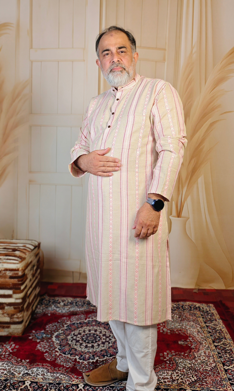 Beige Pink Line Printed Cotton Kurta