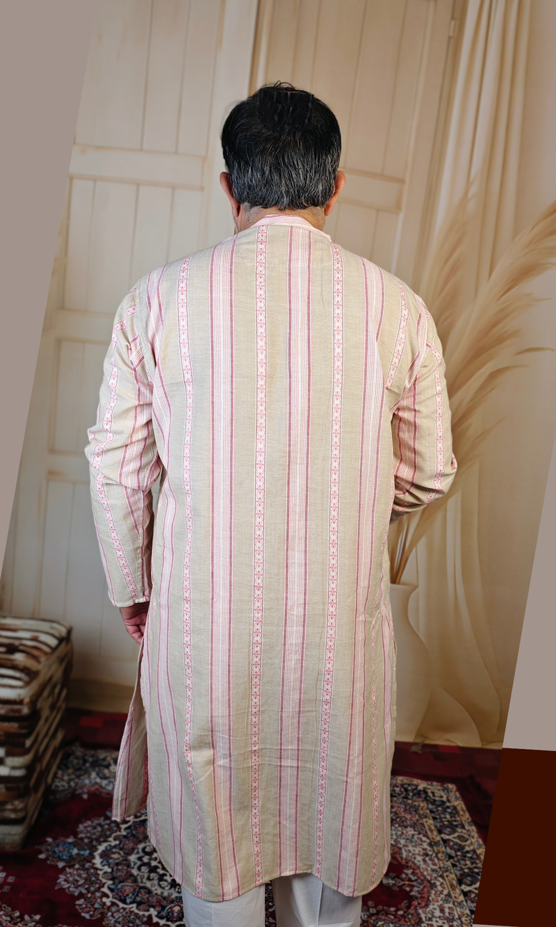 Beige Pink Line Printed Cotton Kurta