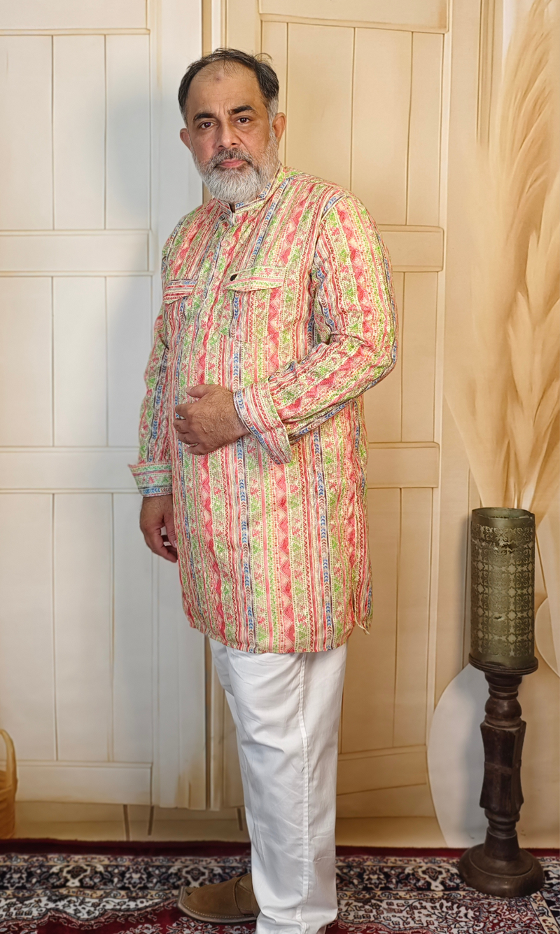 Multicolour Striped Cotton Linen Embroidered Short Kurta