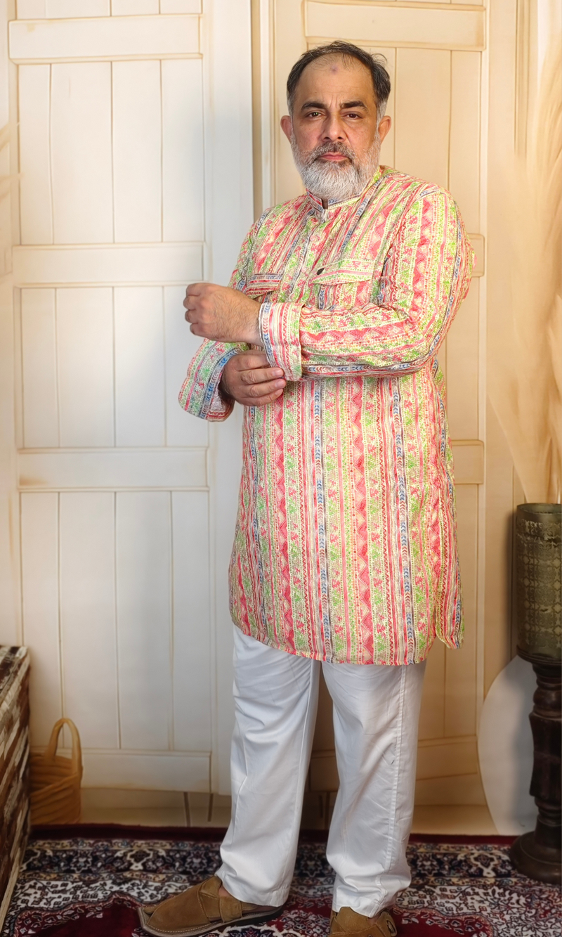 Multicolour Striped Cotton Linen Embroidered Short Kurta