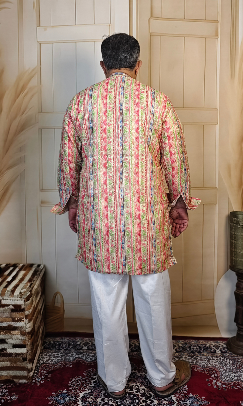 Multicolour Striped Cotton Linen Embroidered Short Kurta