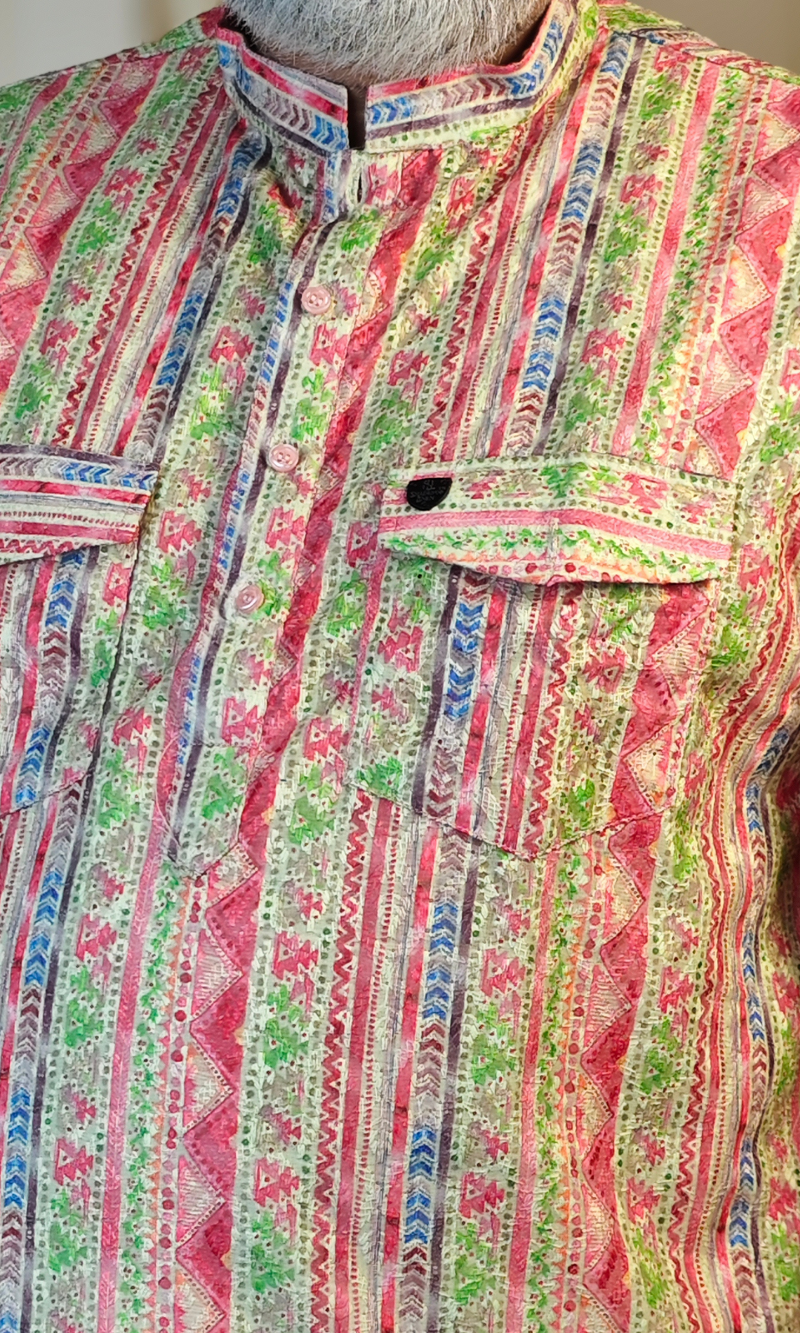 Multicolour Striped Cotton Linen Embroidered Short Kurta