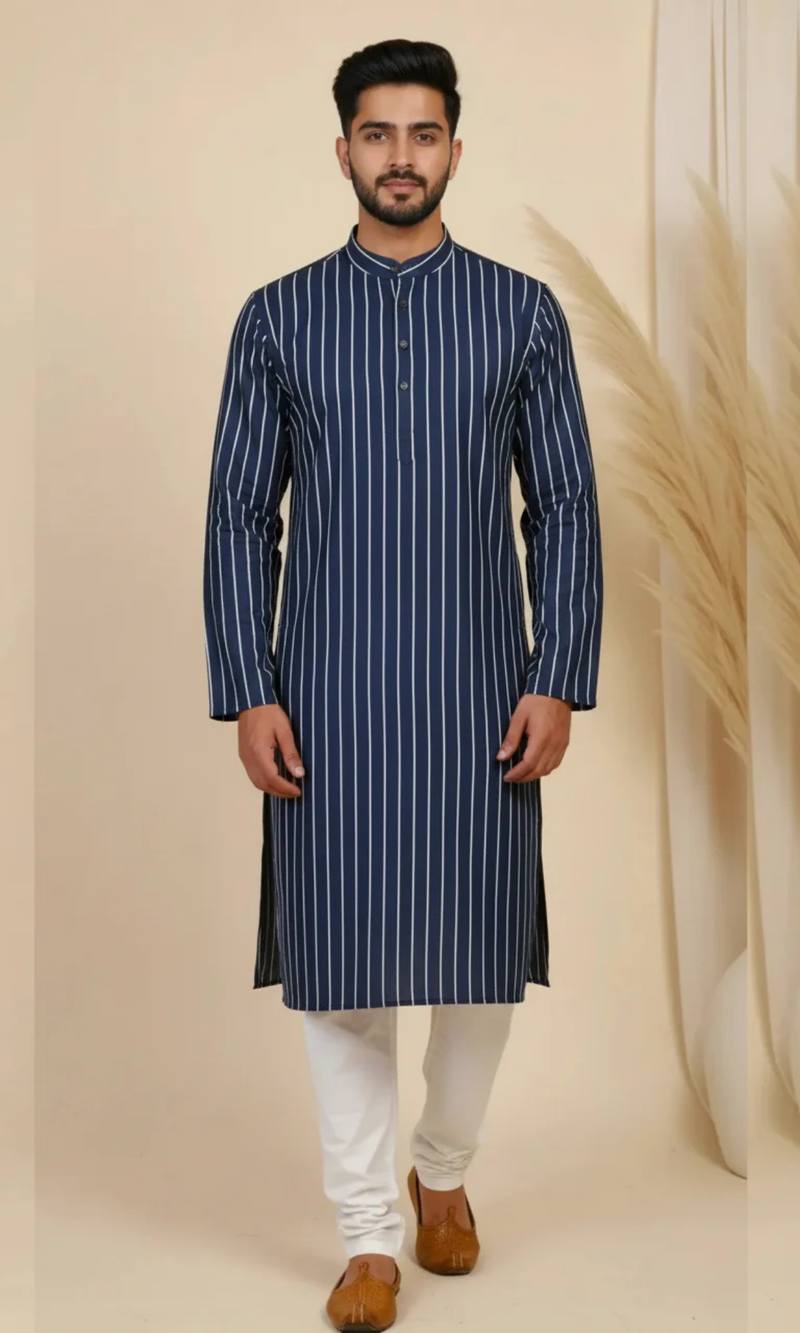 Navy Blue Vertical Striped Cotton Kurta for Men