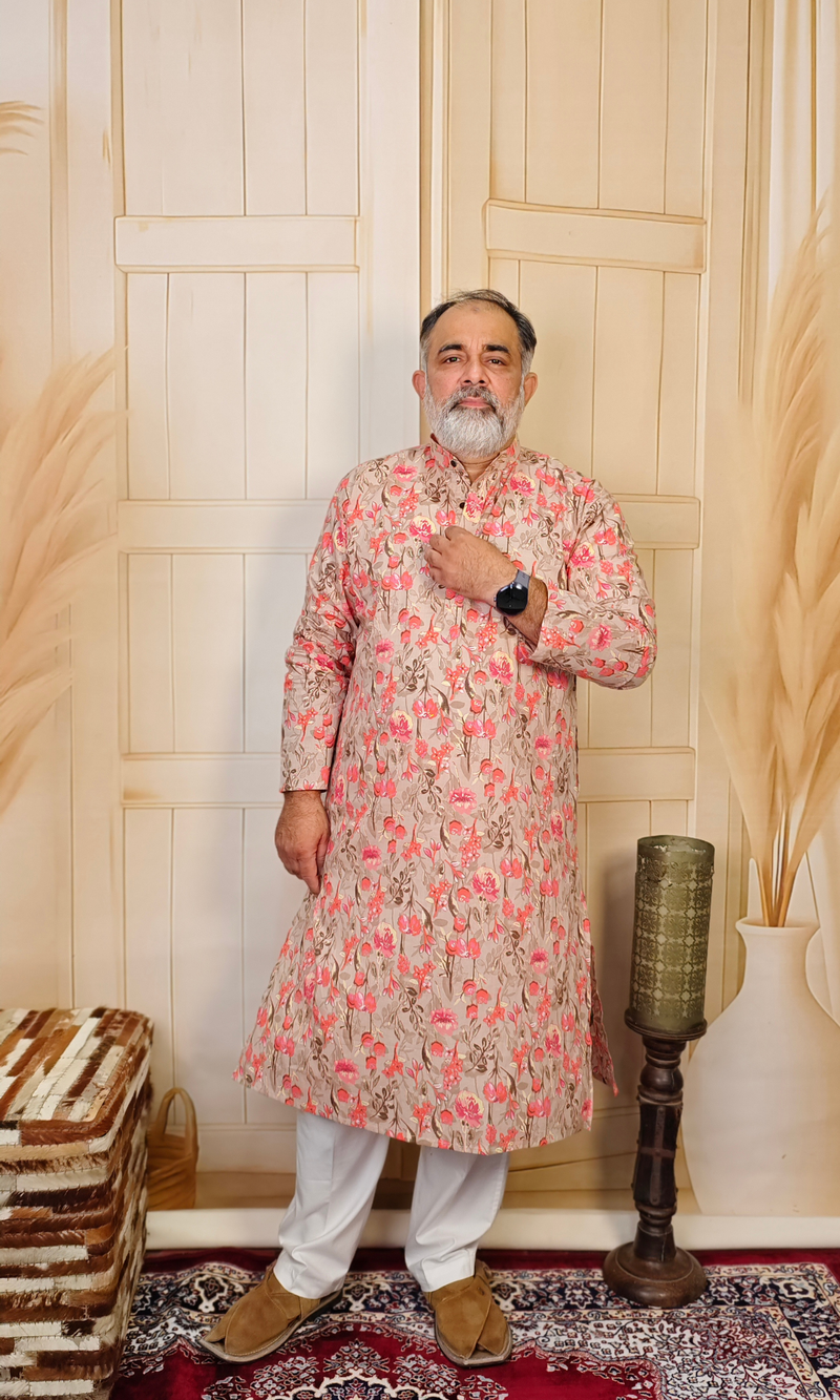 Beige Cotton Kurta with Pink Floral Print
