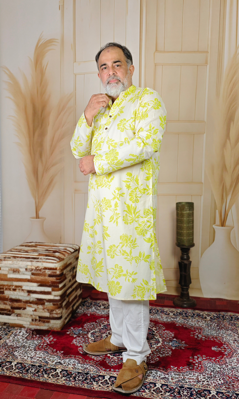 Yellow Floral Printed Cotton Kurta