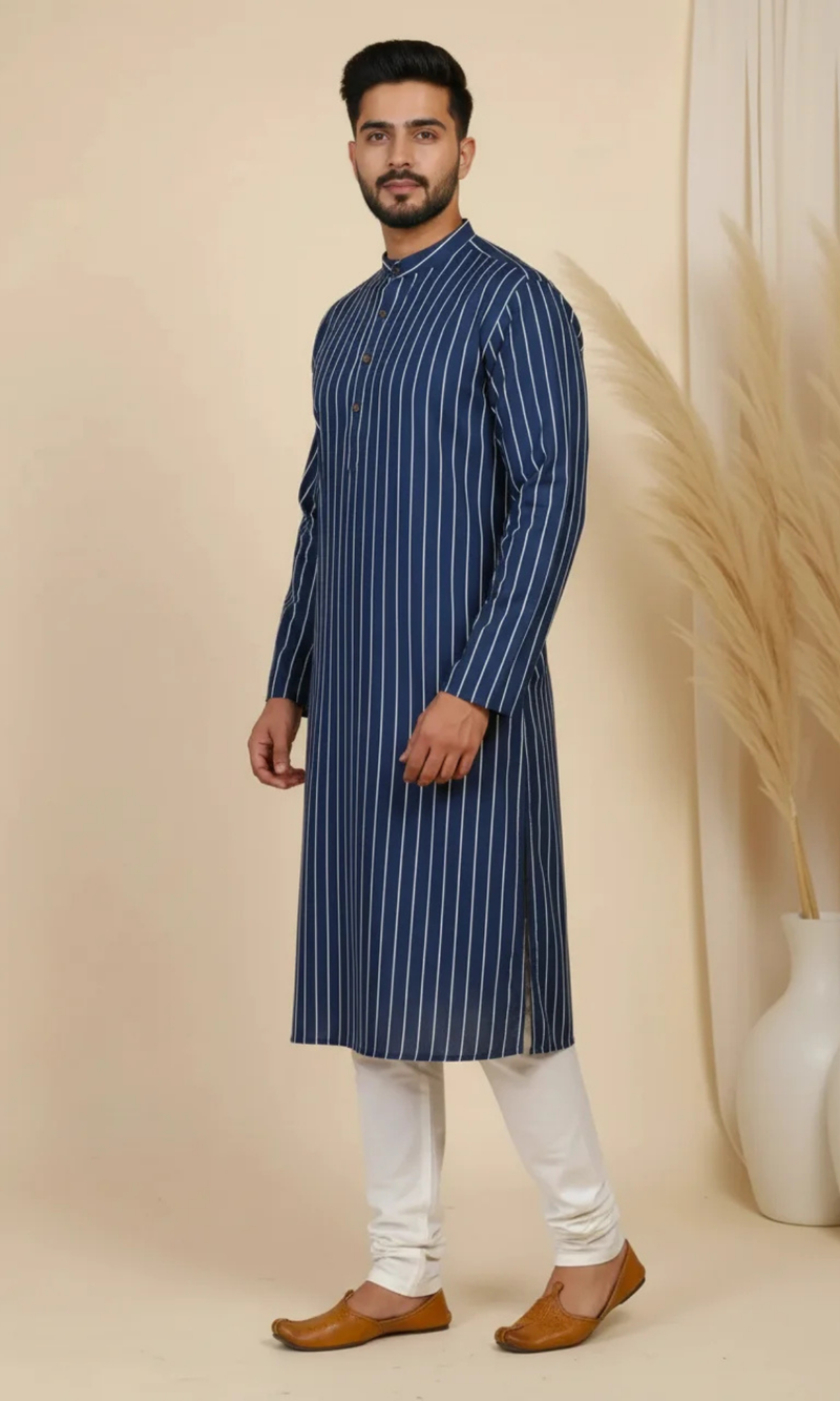 Navy Blue Vertical Striped Cotton Kurta for Men