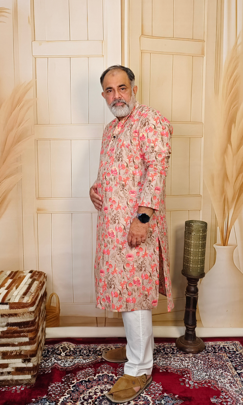 Beige Cotton Kurta with Pink Floral Print