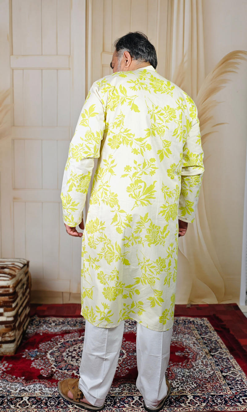 Yellow Floral Printed Cotton Kurta