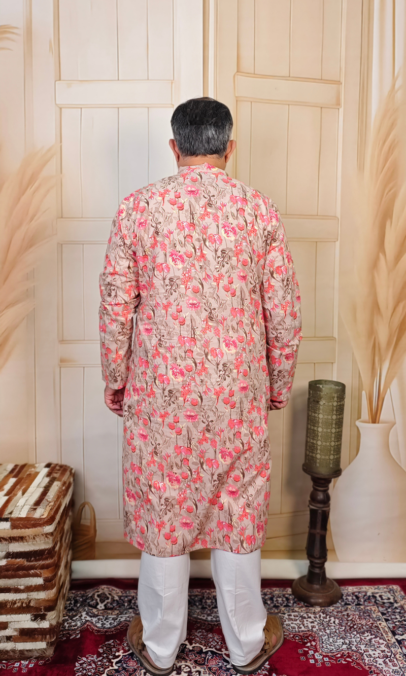 Beige Cotton Kurta with Pink Floral Print