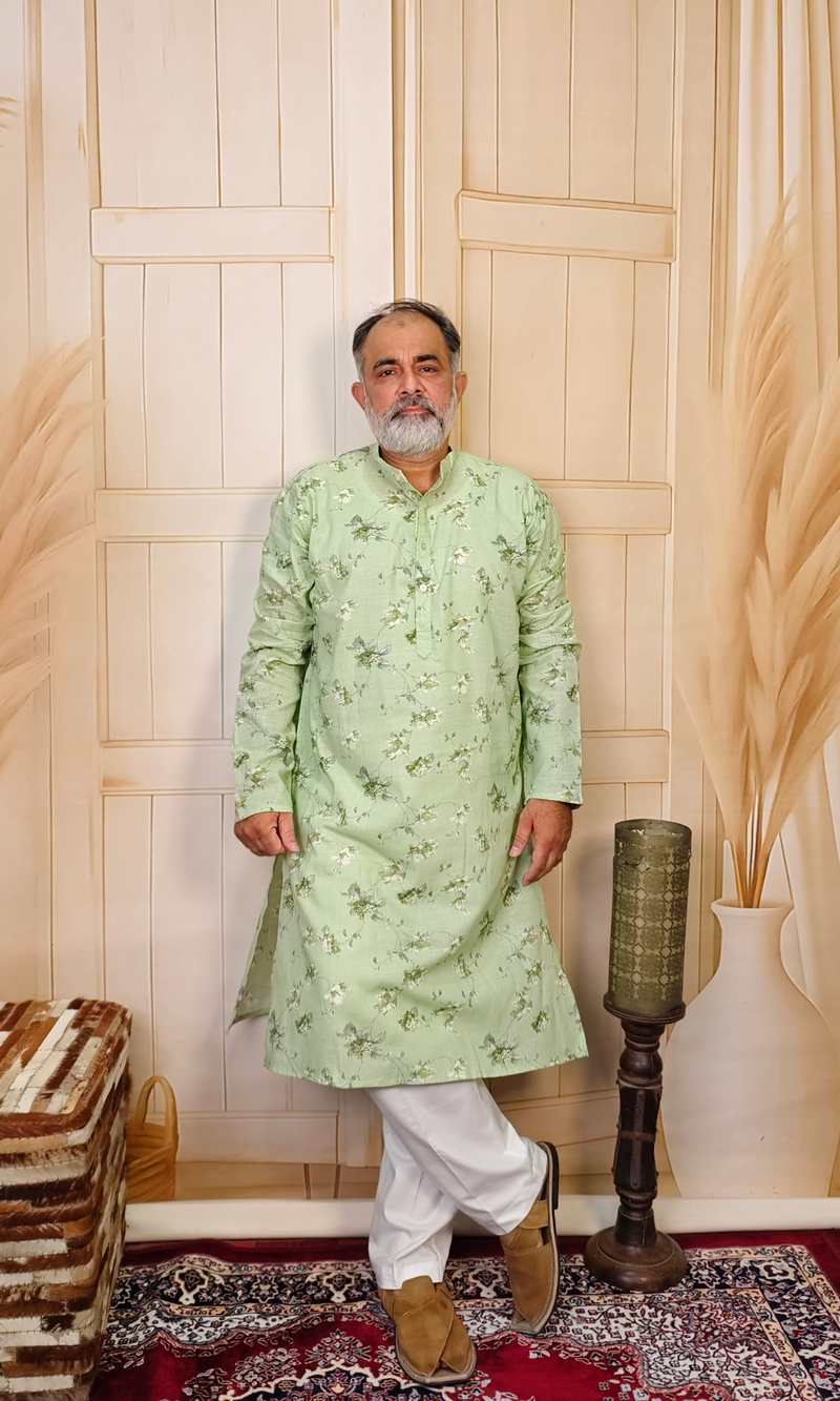 Pastel Green Printed Cotton Linen Kurta