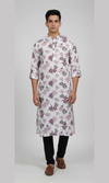 White Floral Printed Cotton Kurta for Men