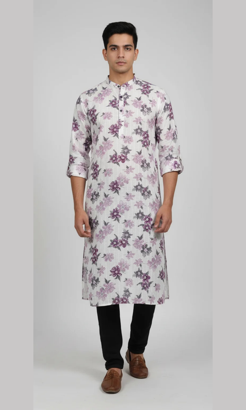 White Floral Printed Cotton Kurta for Men