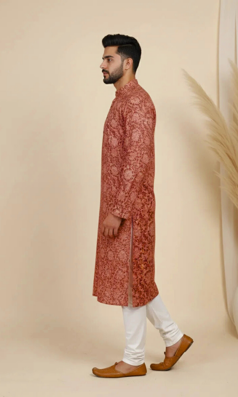 Rust Red Printed Cotton Linen Kurta