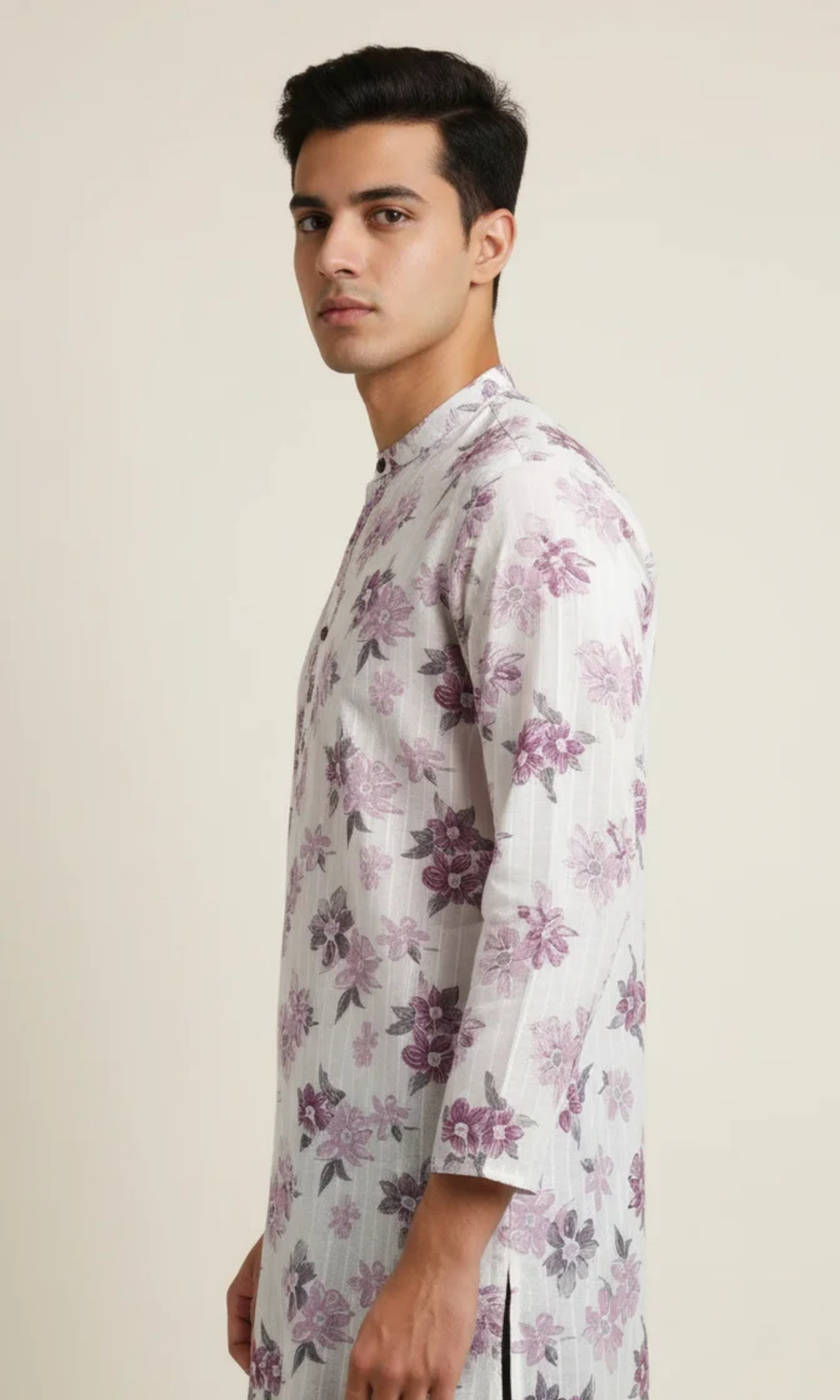 White Floral Printed Cotton Kurta for Men