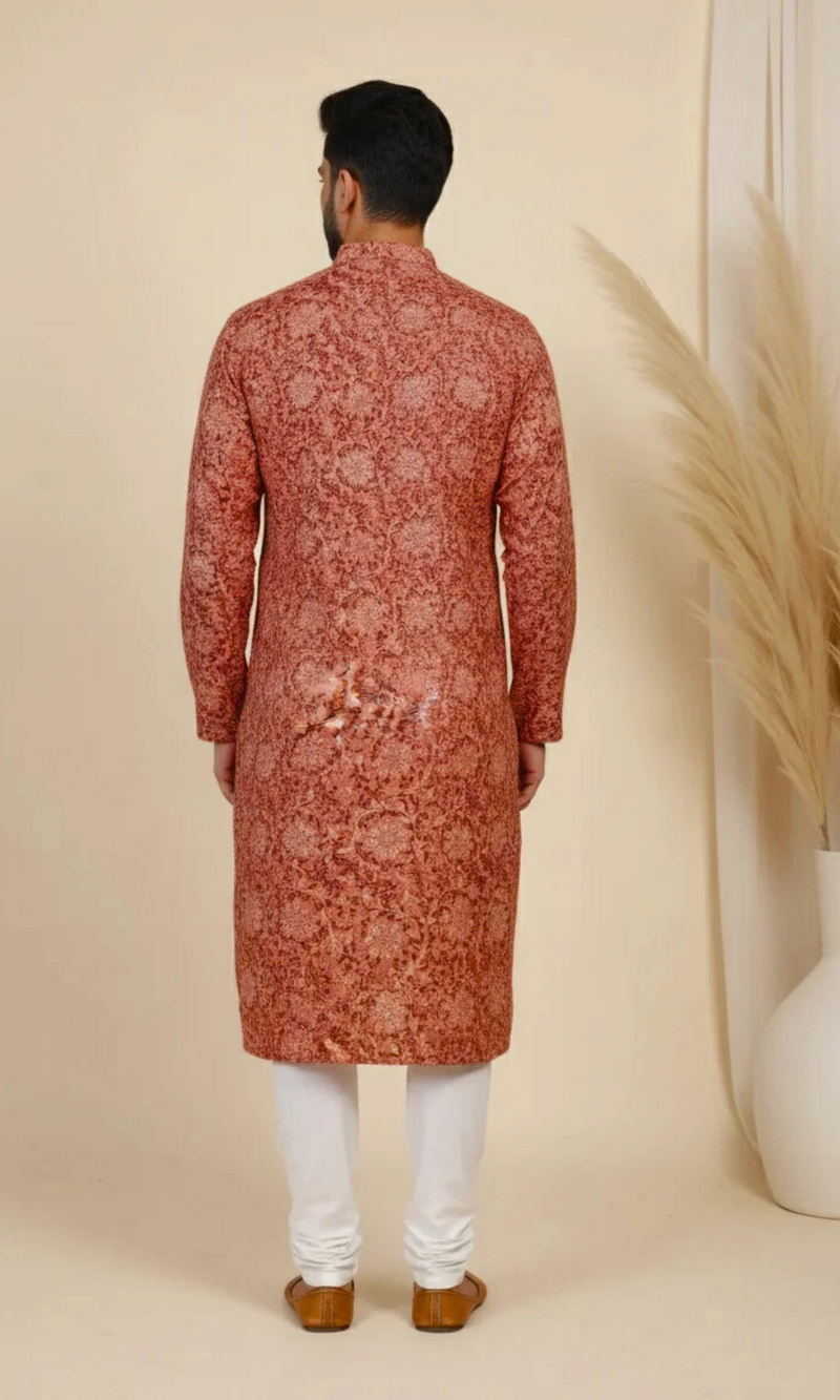 Rust Red Printed Cotton Linen Kurta