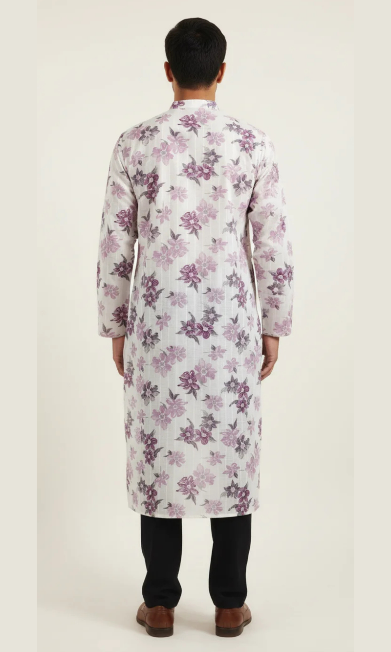 White Floral Printed Cotton Kurta for Men
