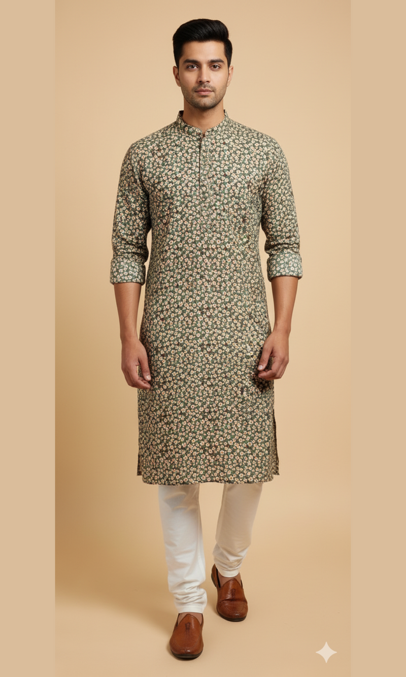 Men's Forest Green Floral Corduroy Kurta