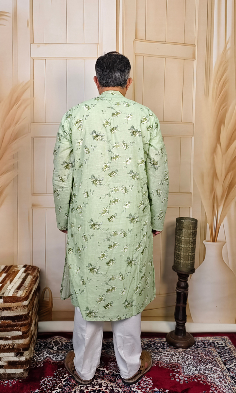 Pastel Green Printed Cotton Linen Kurta