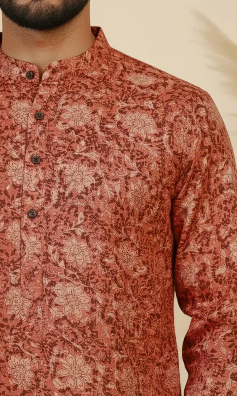 Rust Red Printed Cotton Linen Kurta