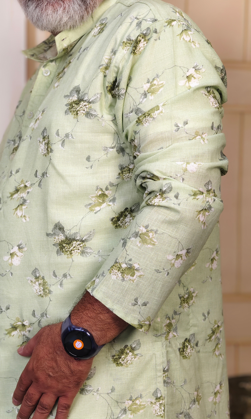 Pastel Green Printed Cotton Linen Kurta