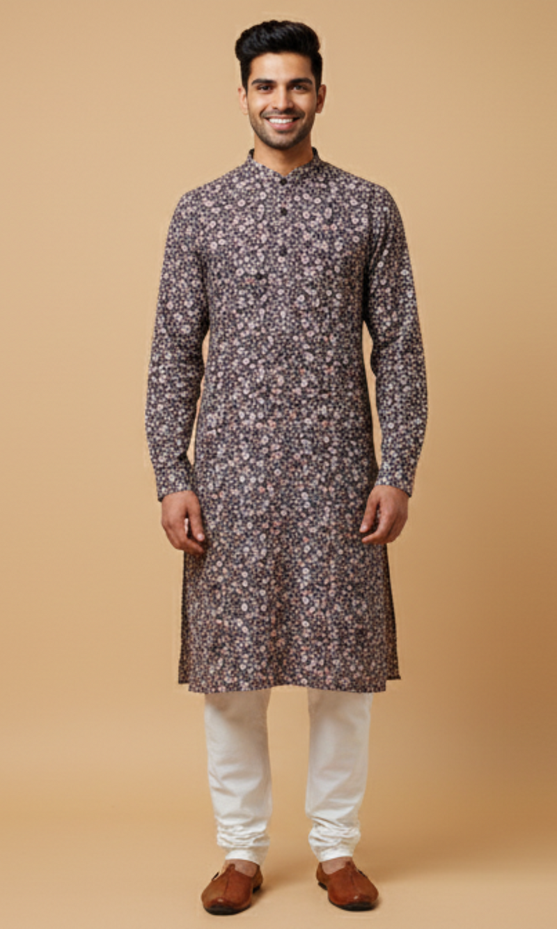 Navy Floral Corduroy Kurta - Pink & Cream Bloom