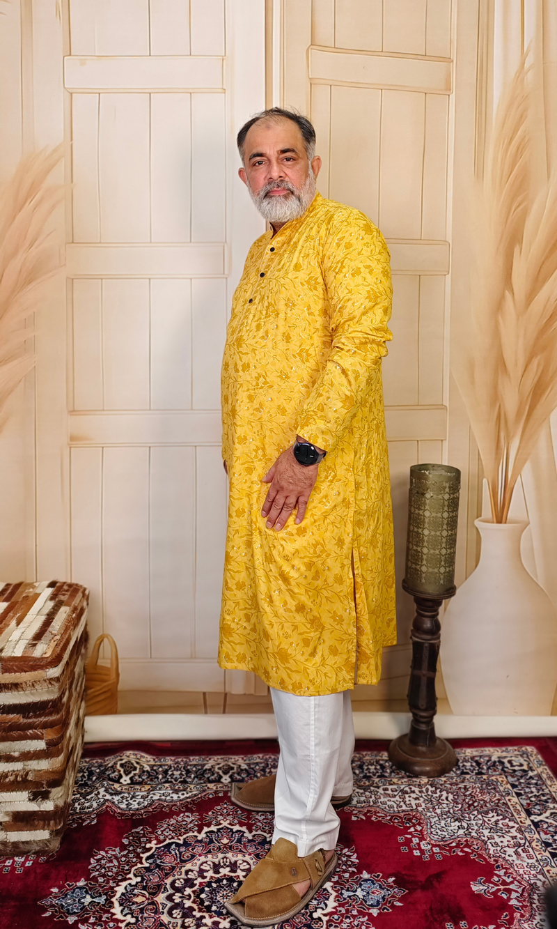 Bright Mustard Yellow Muslin Silk With Foil Print