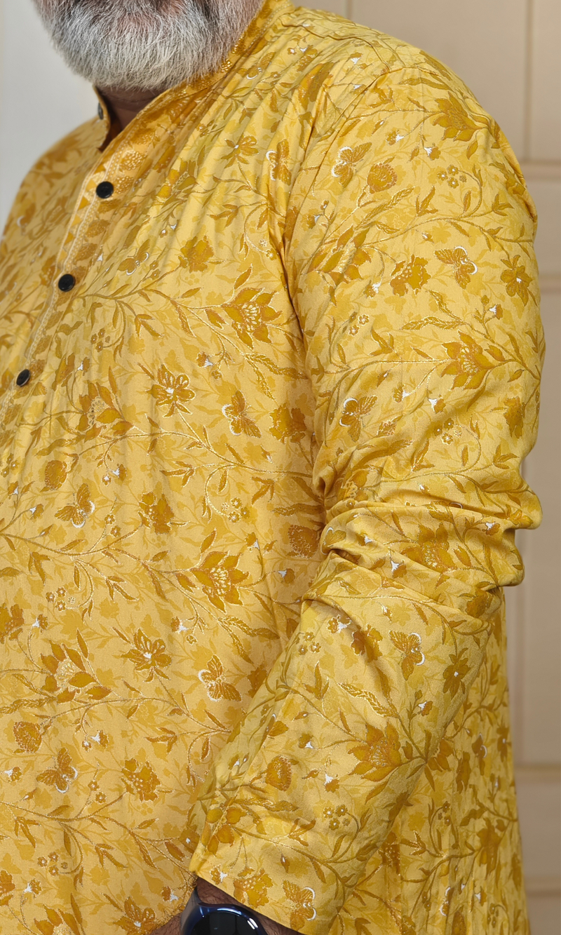Bright Mustard Yellow Muslin Silk With Foil Print