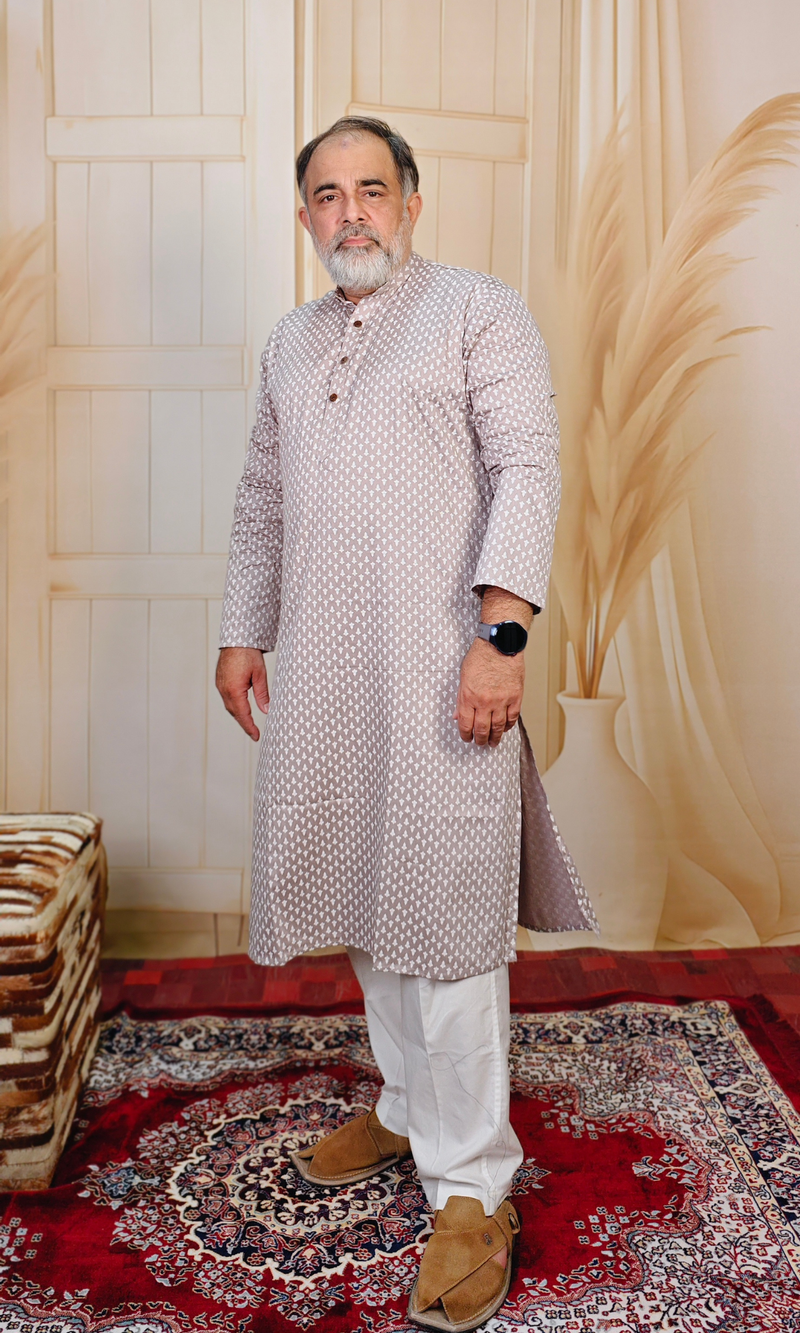Grey Printed Cotton Kurta